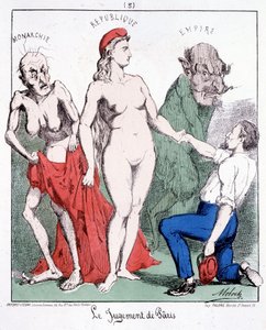 O julgamento de Pâris: Monarquia - República - Império (uma comuna escolhe a República). Desenho animado sobre a Comuna. de French School