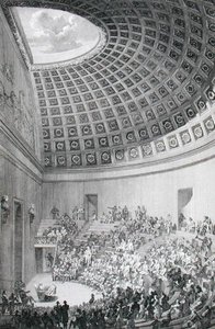O teatro da conferência, modelado no Panteão de Roma, de "A Description of the School of Surgery in Paris", publicado em 1780 (gravura) de French School