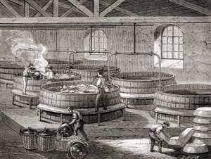 O fabrico de sabão em grandes tanques no século XIX, de "Les Merveilles de la Science", publicado por volta de 1870 (gravura) de French School