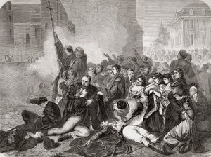O massacre de civis na Praça do Castelo, Varsóvia, em 8 de abril de 1861 pela infantaria e cavalaria russas, de "L" Univers Illustré ", 1866 de French School