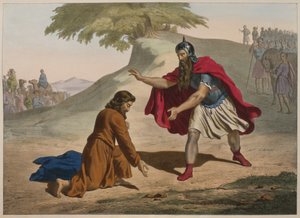 O encontro de Jacó e Esaú, ilustração de um catecismo LHistoire Sainte, publicado por Charles Delagrave, Paris, final do século XIX de French School