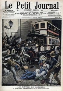 Os erros do autocarro: um fiacre esmagado por um autocarro na rua Paris de Amesterdão " Le Petit journal", Junho de 1907 (gravura) de French School