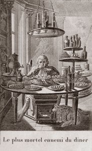 O inimigo mais mortal do jantar - gravação em "Almanaque dos gourmets, servindo de guia em maneiras de fazer excelente querido. Por um velho amador" de Alexandre Balthazar Laurent Grimod de la Reyniere - 1804-1812 de French School