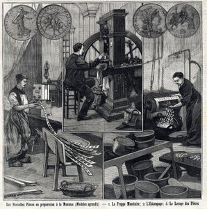 As novas moedas francesas em preparação têm as moedas e as fases de fabrico (dactilografia monetária, estampagem e lavagem das moedas). Em "The Little Parisien" (A Pequena Parisiense) de French School