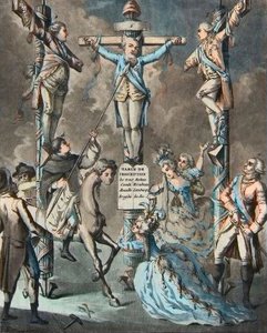 O novo calvário, Luís XVI colocado na cruz por revoltas - 2. e 3. Monsieur (Luís Estanislau Xavier, Conde de Provença (1755-1824), Luís XVIII) e o Conde de Artois (Carlos Philippe (1757-1836) Carlos X), irmãos do Rei, inclinados pelos decretos o de French School