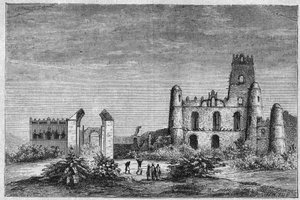 O palácio dos Negouss (Negus) ou reis da Etiópia em Gondar. Gravura de 1896 em "L