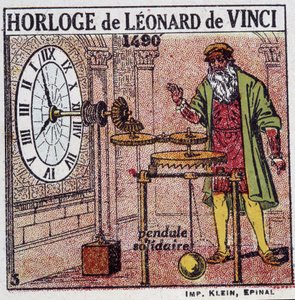 O relógio pendular de Leonardo da Vinci (Leonardo da Vinci) (1452 - 1519) (pêndulo em 1490) - em "Energia" de Henri Arnould, ed. Quillet, Paris, século XX de French School
