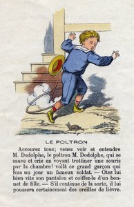 O poltron. Uma criança a brincar com o arco assustada por um rato. O alfabeto dos meninos pequenos. O abecedário tem valor moral contendo exercícios de leitura. Imagens epinais do final do século XIX. de French School
