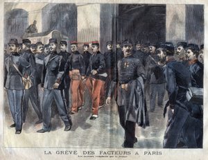 A greve dos carteiros: soldados e guardas municipais encarregados da distribuição de cartas em Paris. Gravação de 1899 em "La petite Gironde". de French School
