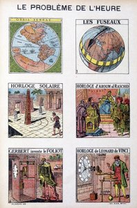 O problema da época: Orbis Terrea, o fuso, relógio solar, relógio de Aroum Al Racshid, Gerbert inventa o Foliot, relógio de Leonardo da Vinci (Leonardo da Vinci) - gravura, deb. Século XX de French School