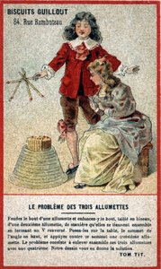 O problema de três partidas: cartão infantil oferecendo um jogo na forma de um quebra-cabeça (adivinhação). A cromolitografia do século XIX. de French School