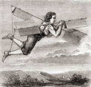 O alegado voo do serralheiro francês Jacob Besnier, com a ajuda de um aparelho voador concebido por ele próprio, em 1678, de "Les Merveilles de la Science", publicado por volta de 1870 (litografia) de French School
