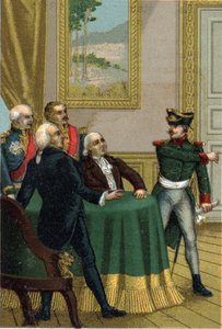 A restauração de 1815: Joseph Fouche, ministro da polícia de Napoleão I, teve um oficial prussiano introduzido na sala onde a Comissão do Governo Provisório liderada pelo rei Luís XVIII a 7 de Julho de 1815. de French School