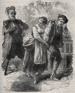 O regresso de Martin Guerre (cerca de 1524 por volta de 1560): apareceu perante a sua mulher, Bertrande de Rols, e aquele que usurpou a sua identidade, o impostor Arnaud du Tilh (Thil). Gravura de 1871 em "Histoire Des Cocus Celebres" de Henry de Kock (181 de French School