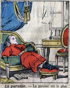 Os sete pecados mortais: a preguiça. Imagens epinais do final do século XIX. (Eu ponho peccati o vizi capitali) de French School