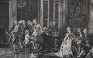 Wolfgang Amadeus Mozart, de sete anos, tocando diante do rei George III em Londres, em 1764 de French School
