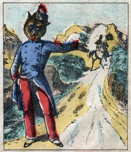 O leão doente e a raposa. Fábulas de Jean de La Fontaine (1621-95). Imagens epinais do final do século XIX. de French School