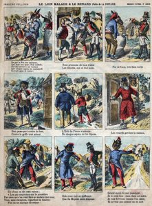 O leão doente e a raposa. Fábulas de Jean de La Fontaine (1621-95). Imagens epinais do final do século XIX. de French School