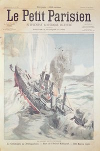 O naufrágio da capitânia russa Petropavlovsk em 13 de abril de 1904, ilustração da capa do Le Petit Parisien, 1 de maio de 1904 de French School