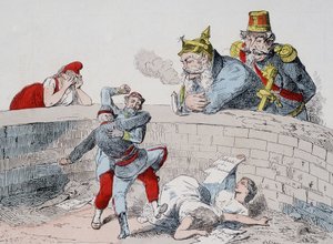 A situação - Gauillaume: Temos de ajudar os loucos, Badingue (Napoleão III): Deixa-os fazer o meu irmão, será altura de intervir quando eles (os parisienses) se tiverem devorado a si próprios. Desenho animado sobre a Comuna. de French School