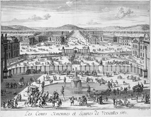 Os estábulos e portões de Versalhes vistos do palácio, 1683 de French School