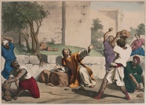 O apedrejamento de Santo Estêvão, ilustração de um catecismo LHistoire Sainte, publicado por Charles Delagrave, Paris, final do século XIX de French School