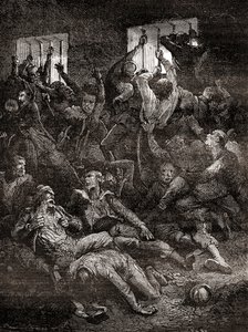O sofrimento e a morte devido à má ventilação, de prisioneiros ingleses no Buraco Negro de Calcutá, uma pequena masmorra no velho Forte William em Calcutá, Índia, onde tropas do Nawab de Bengala, Siraj ud-Daulah, mantiveram prisioneiros de guerra britânico de French School