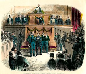 O juramento de Louis Napoleon III (Louis-Napoleon), que foi oficialmente proclamado Presidente da República, na Assembleia Nacional a 20 de Dezembro de 1848. Ele promete "permanecer fiel à única e indivisível República Democrática e cumprir todas as de French School