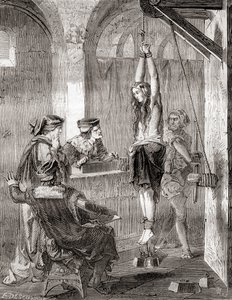 A tortura de uma mulher acusada de bruxaria na Idade Média, de Les Merveilles de la Science, publicado c.1870 (litho) de French School