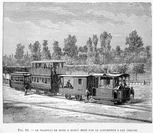 O eléctrico de Rueil a Marly, conduzido pela locomotiva de água quente - em "As novas conquistas da ciência" de Louis Figuier de French School