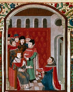 O tradutor John de Meung (ou Clopinel ou Chopinel) (1240-1305) doa sua obra ao Rei Filipe IV o belo (1268-1314). Miniatura tirada de "De Consolatione Philosophiae" pelo filósofo latino Boece (Boetius) (475-520), traduzido por Jean d de French School