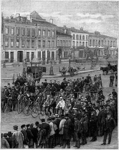 A corrida de velocipedes de Bordeaux a Paris: os velocipedes partem de Bordeaux no dia 23 de Maio de 1891, às 5 da manhã, gravando em "La Nature". Revue des sciences et de ses applications aux arts et a l