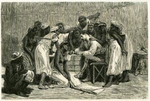 A visita das rainhas, as dezasseis esposas do Rei Sepopo, na caixa do Dr. Holub. Gravura de D.Maillard, para ilustrar a história "Au pays des Marutses", em 1875-1879, do Dr. Emile Holub (1847-1902). Publicado no Tour du monde, 2º semestre de 1883, editado de French School