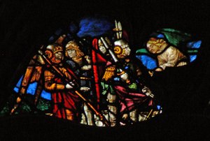 A rosácea oeste representando uma cena do livro do Apocalipse: quatro anjos do Eufrates não ligados (9:14). de French School
