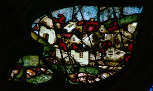 A janela rosa do oeste representando uma cena do livro do Apocalipse: grande terremoto e pedras de granizo tão pesadas quanto moedas 16: 18-21) de French School