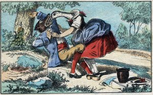O lobo e a cegonha. Fábulas de Jean de La Fontaine (1621-95). Imagens epinais do final do século XIX. de French School