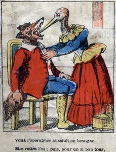 O lobo e a cegonha. Fábulas de Jean de La Fontaine (1621-95). Imagens epinais do final do século XIX. de French School