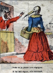 O lobo e a cegonha. Fábulas de Jean de La Fontaine (1621-95). Imagens epinais do final do século XIX. de French School