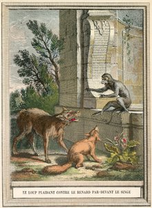 O lobo implorando contra a raposa na frente do macaco