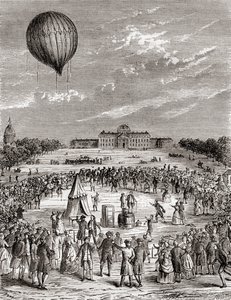 O primeiro balão de hidrogénio do mundo, lançado sobre os Champs de Mars, Paris, França, em 1783, de Les Merveilles de la Science, publicado c.1870 (gravura) de French School