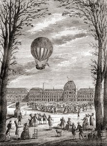 O primeiro voo tripulado de um balão de hidrogénio sobre os Campos de Marte, Paris, França, em 1 de dezembro de 1783, pilotado por Nicolas-Louis Robert e pelo professor Jacques Charles, de Les Merveilles de la Science, publicado por volta de 1870 (gravura) de French School