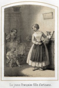 A jovem francesa de origem social modesta trabalha como empregada doméstica em uma família rica. Ela olha as crianças ocupadas nos seus jogos com inveja. Gravura anônima do século XIX de French School