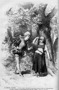 Representação teatral: Cinderela e o Príncipe Encantado interpretada por Mme Theo e Melle Vanghel para a peça "Cendrillon" de Clairville (Louis Francois Nicolaie de French School