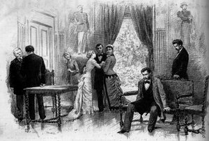 Representação teatral: "O comerciante de sua honra" por Jules Duval. Acto IV, última cena. Paris, Teatro de Cluny de French School