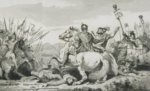 Teodorico é morto em batalha contra Átila, perto de Chalons, de &39;Histoire de France&39; por Colart, publicado em 1840 de French School