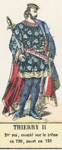Thierry II, 21º rei, ascendeu ao trono em 720, morreu em 737 (gravura colorida) de French School