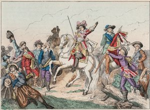 Guerra dos Trinta Anos (1618-1648): Príncipe Luís II de Bourbon Conde (Bourbon-Conde), conhecido como o Grande Conde (1621-1686), Duque de Enghien, saudando o cadáver do Conde de Fontaine na Batalha de Rocroi (Rocroy) contra os espanhóis, 19 de maio de French School