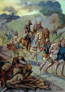 Théoderick, filho mais velho de Clovis, no Arvernes (Auvergne) (532-533). Cromolitografia da série "Educação Patriótica pela Imagem". de French School