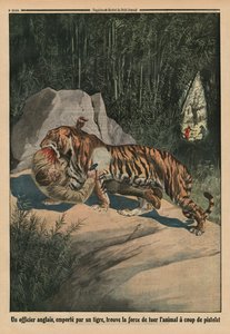 Tigre atacando um oficial britânico, ilustração da capa do &39;Le Petit Journal&39;, suplemento ilustrativo, 3 de agosto de 1913