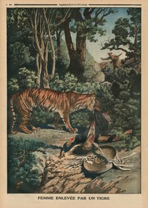 Tigre atacando uma mulher, ilustração da capa do &39;Le Petit Journal&39;, suplemento ilustrado, 15 de março de 1914 de French School